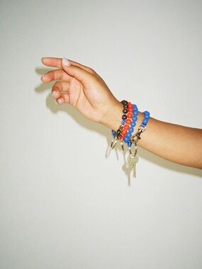 Ina Seifart Beaded Keychain with Navy Wood Beads with Silver Hardware